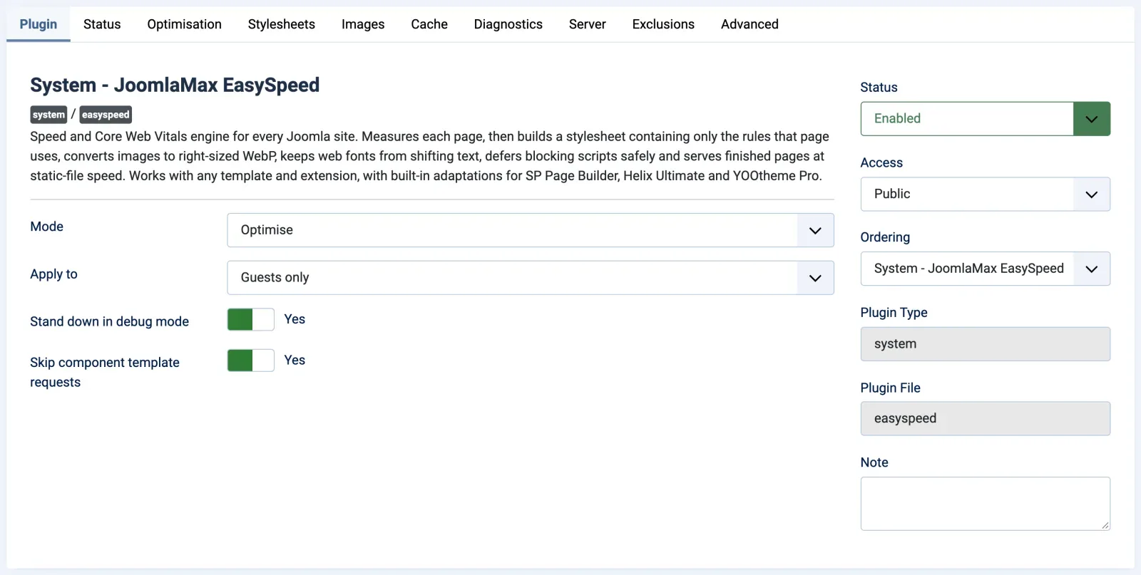 The Plugin tab of EasySpeed 1.1.0 in the Joomla administrator: a description naming SP Page Builder, Helix Ultimate and YOOtheme Pro, Mode set to Optimise, Apply to set to Guests only, Stand down in debug mode and Skip component template requests both set to Yes, and Joomla's Status box showing Enabled