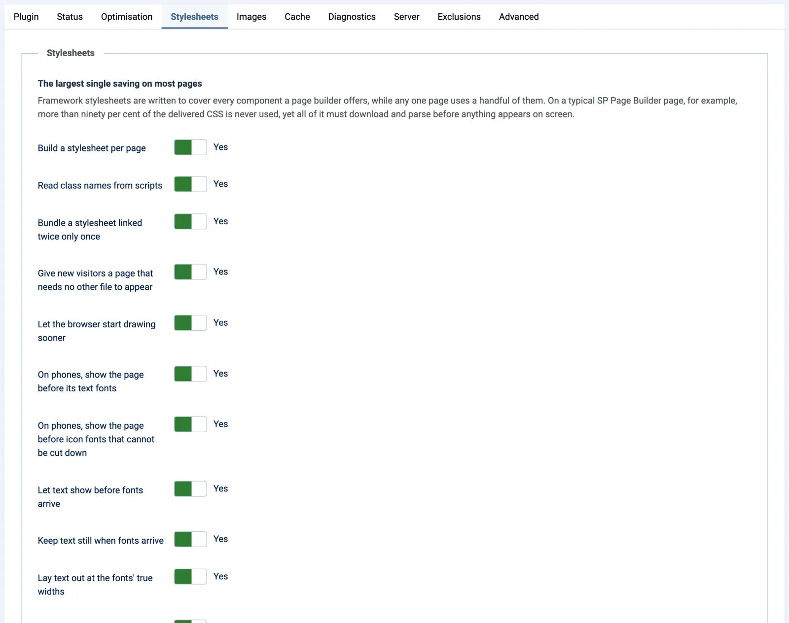 The Stylesheets tab of EasySpeed 1.1.0 in the Joomla administrator with its defaults: a note headed The largest single saving on most pages, then Build a stylesheet per page, Read class names from scripts, Bundle a stylesheet linked twice only once, Give new visitors a page that needs no other file to appear, Let the browser start drawing sooner, the two On phones options for text and icon fonts, Let text show before fonts arrive, Keep text still when fonts arrive and Lay text out at the fonts' true widths, all set to Yes