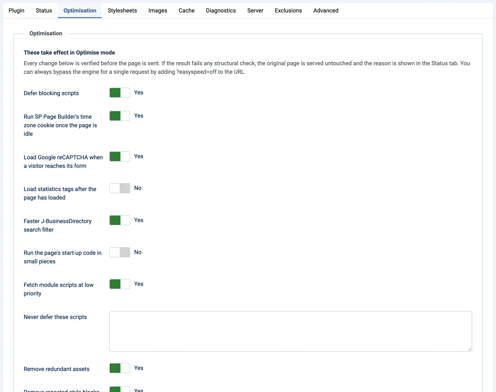 The Optimisation tab of EasySpeed in the Joomla administrator. Defer blocking scripts, Run SP Page Builder's time zone cookie once the page is idle, Load Google reCAPTCHA when a visitor reaches its form, Faster J-BusinessDirectory search filter and Fetch module scripts at low priority are set to Yes. Load statistics tags after the page has loaded and Run the page's start-up code in small pieces are set to No, and the Never defer these scripts box is empty.