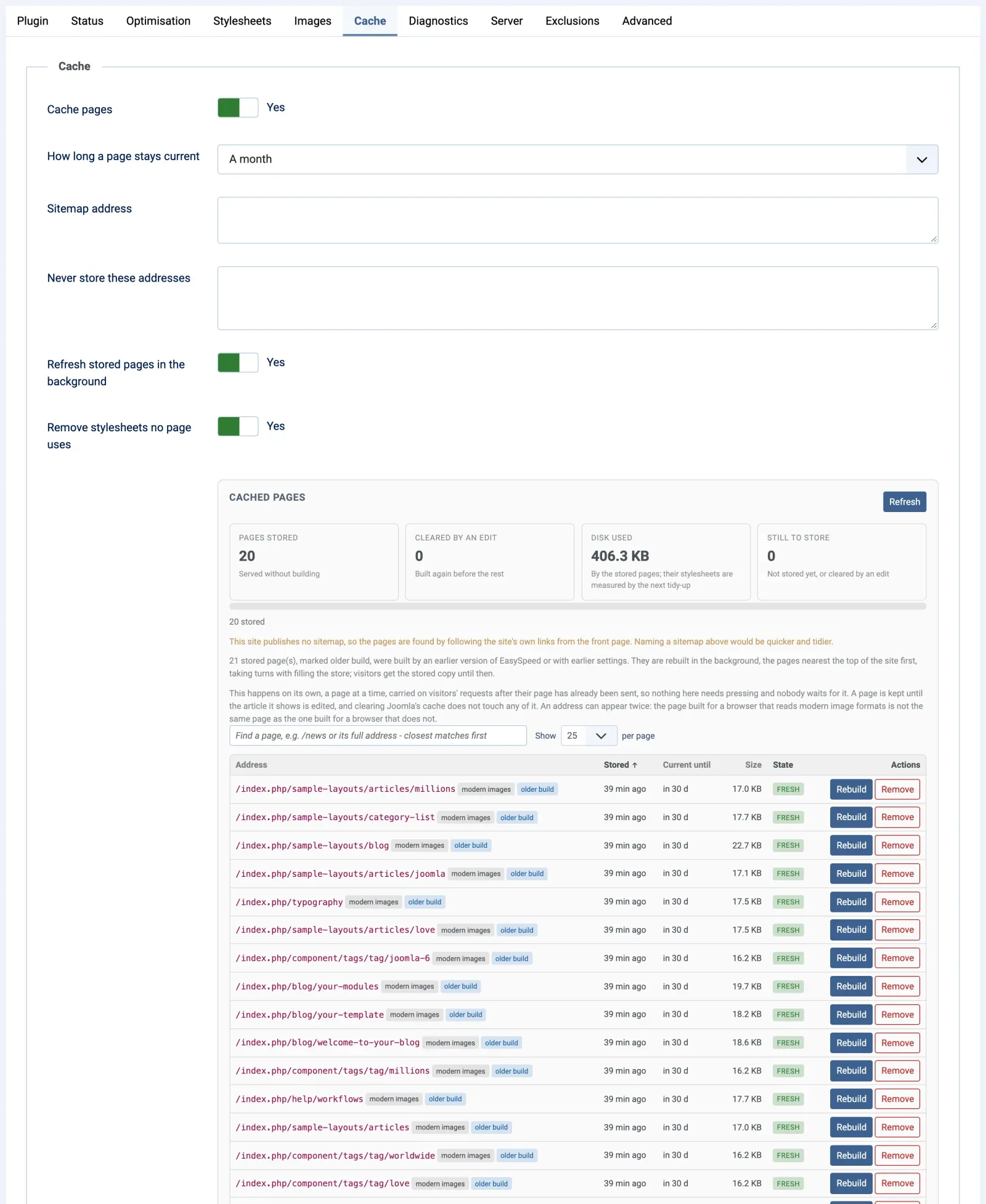The Cache tab of EasySpeed 1.1.0 in the Joomla administrator: Cache pages, Refresh stored pages in the background and Remove stylesheets no page uses switched to Yes, How long a page stays current set to A month, then the Cached pages panel with tiles for pages stored, cleared by an edit, disk used and still to store, a line saying pages built by an earlier version are being rebuilt in the background, a Find a page box and a list of stored addresses marked fresh, each with Rebuild and Remove buttons